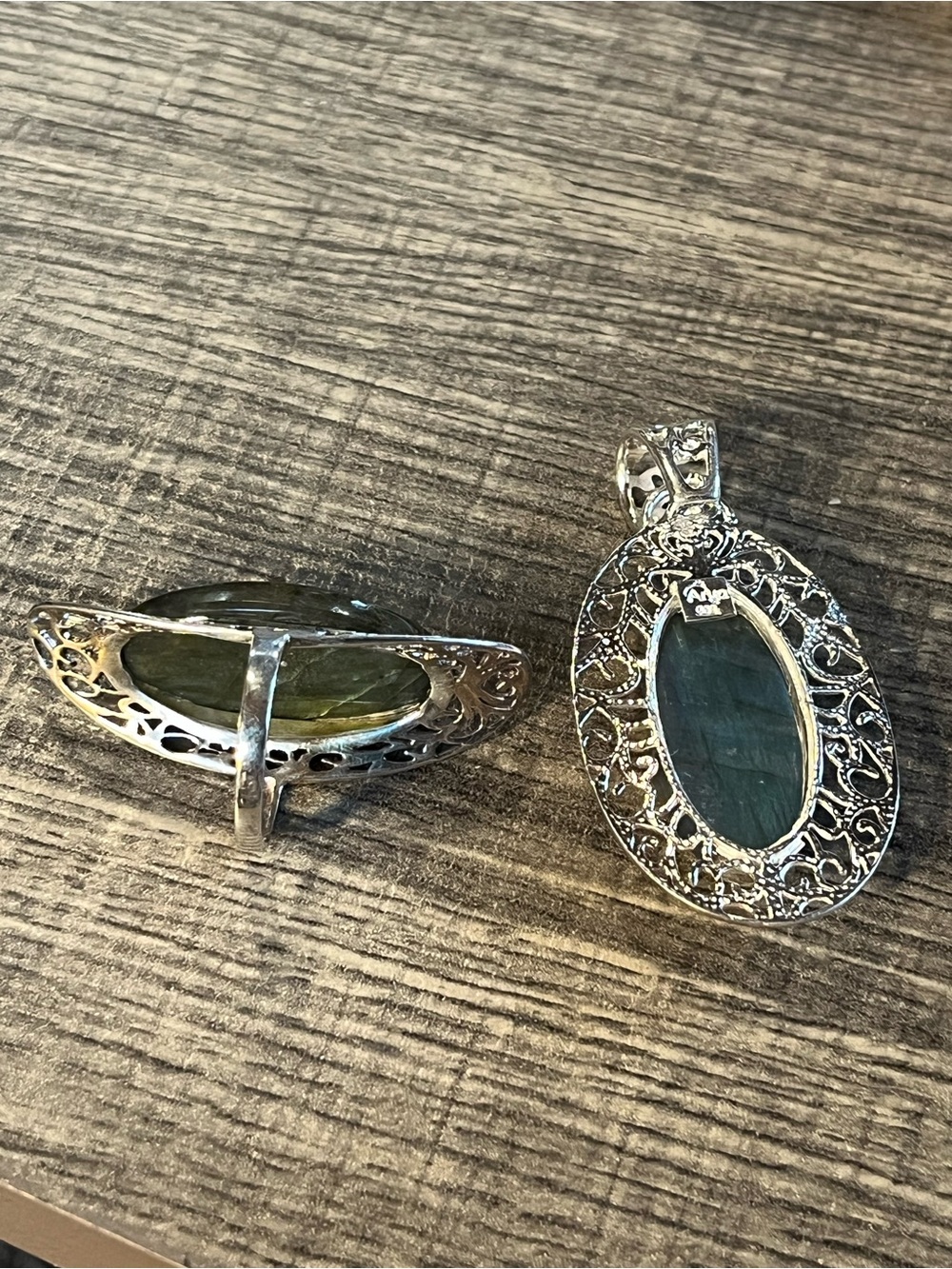 Sterling Silver Green Labradorite Oval Pendant and Ring Set. Sz 6 3/4-7 - Picture 5 of 9